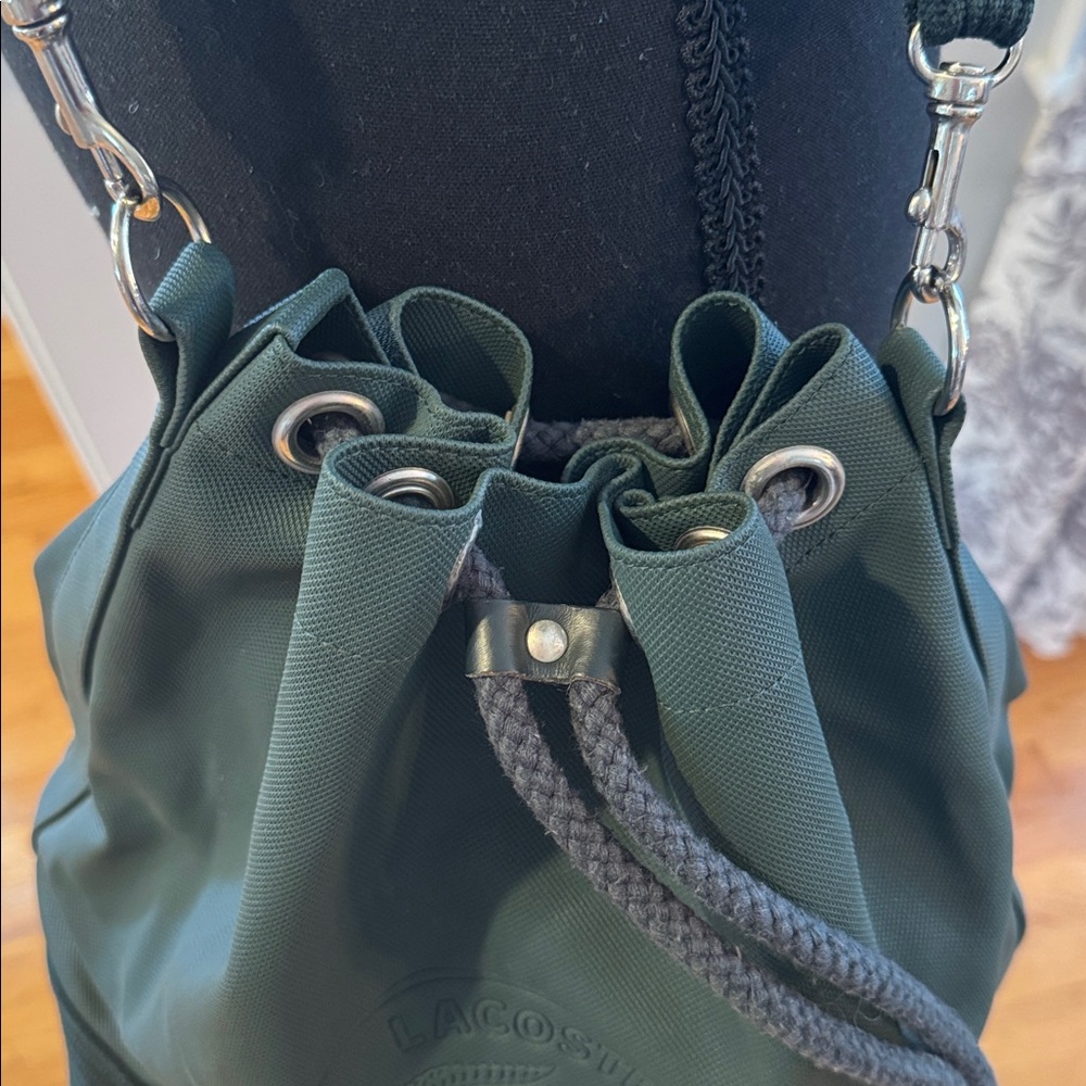 Vintage Green Lacoste Logo Canvas Bucket Bag drawstring tote unisex purse travel - Picture 4 of 12